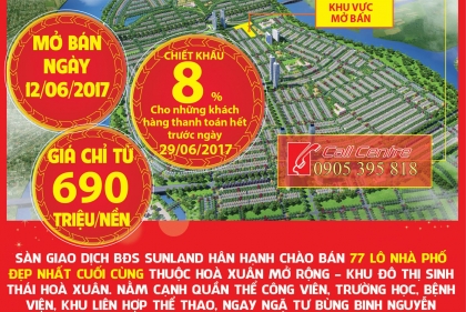 Mở bán 77 lô block mới tại khu đô thị sinh thái Hoà Xuân, chiết khấu 8%
