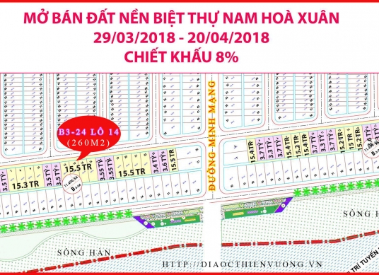 Cần bán Biệt Thự B3-24 lô 14 tại KĐTST Nam Hoà Xuân, chiết khấu 8%